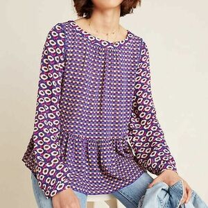 Anthropologie MAEVE Blouse CHEYENNE Peplum Printed Geometric Jewel Small
